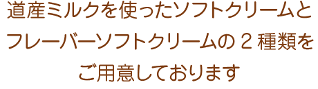 道産ミルクを使ったソフトクリームとフレーバーソフトクリームの2種類をご用意しております